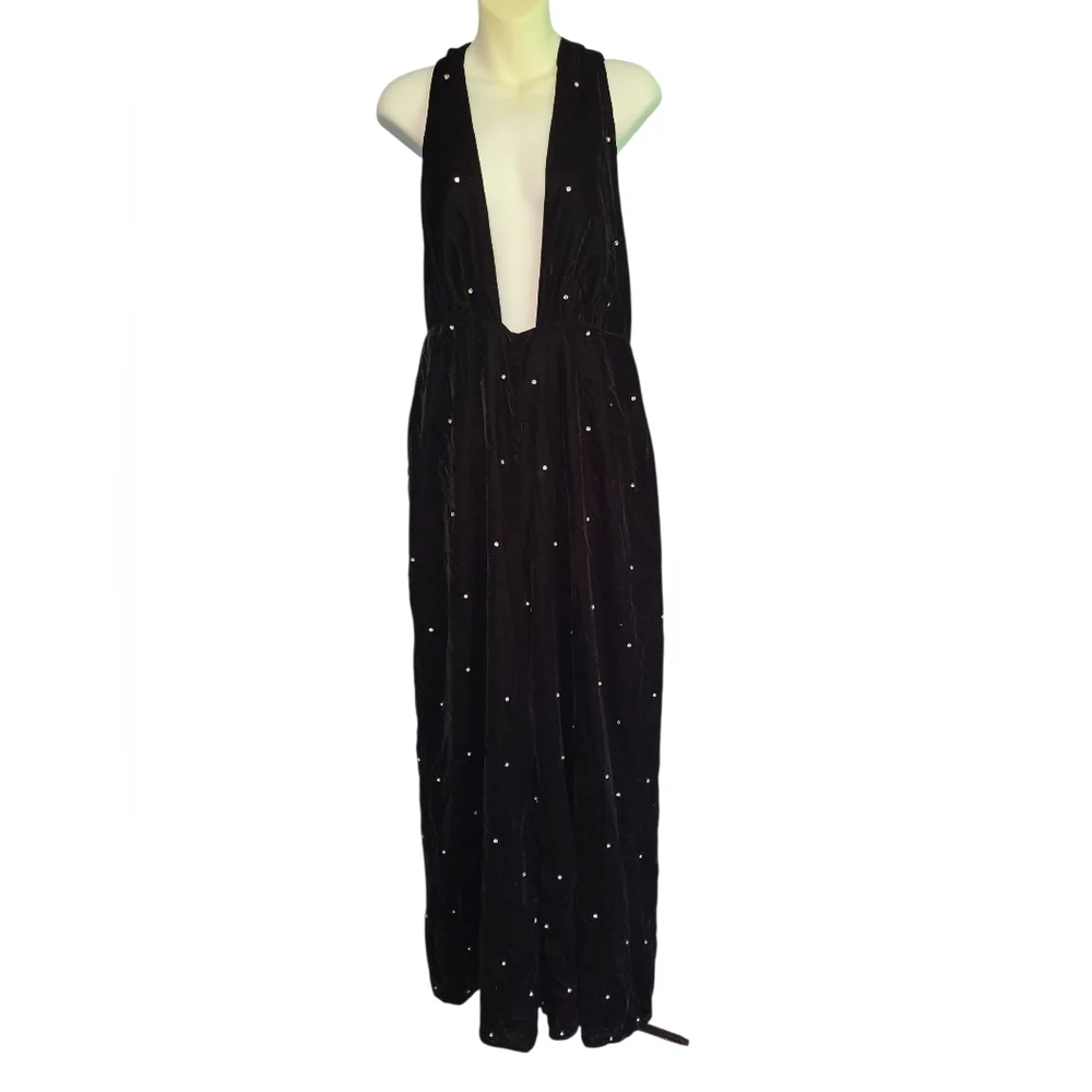 Nasty Gal velvet halterneck Jumpsuit Diamante Wide Leg  Size‎ 10 - Picture 5 of 9